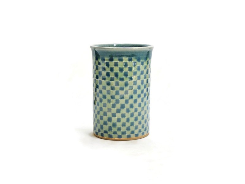 BLUE AND GREEN GINGHAM TALL TUMBLER CELADON CUP
