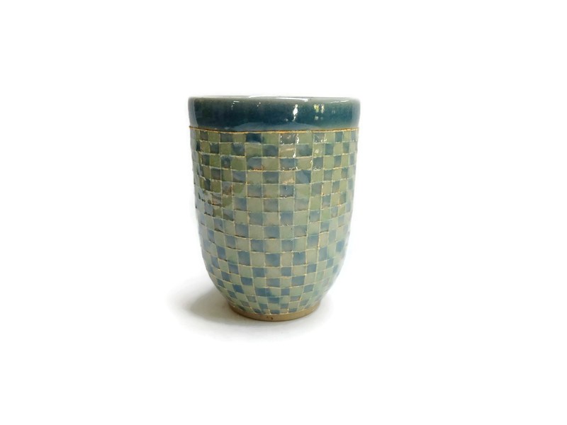 BLUE AND GREEN GINGHAM TALL CELADON CUP