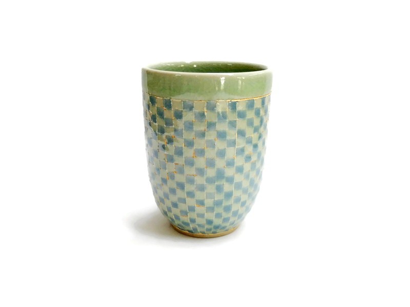 BLUE AND GREEN GINGHAM TALL CELADON CUP