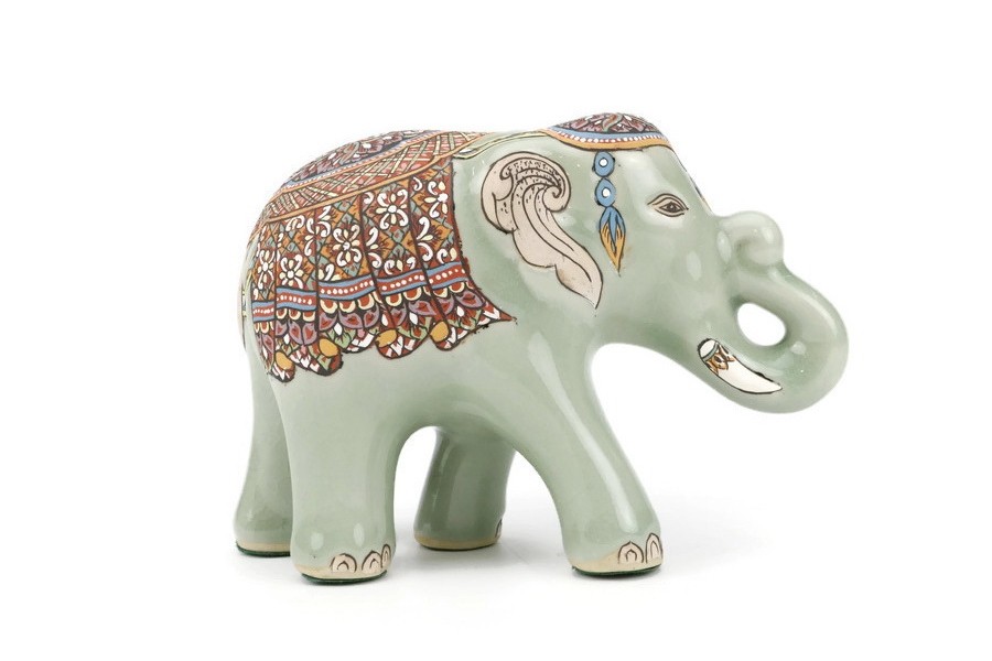 ช้างชูงวงศิลาดล เพ้นต์ลายล้านนาไทยศิลาดล CELADON LANNA THAI HANDPAINTED ELEPHANT