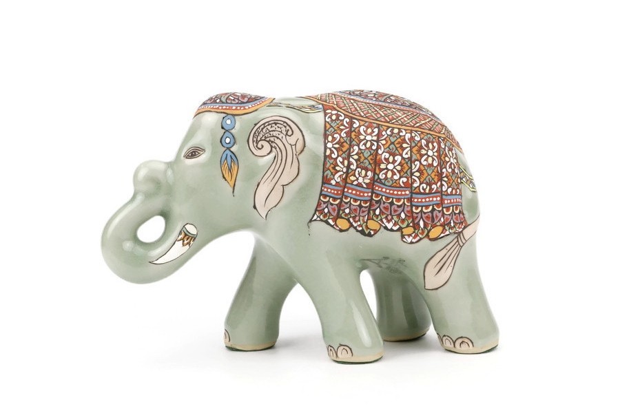 ช้างชูงวงศิลาดล เพ้นต์ลายล้านนาไทยศิลาดล CELADON LANNA THAI HANDPAINTED ELEPHANT