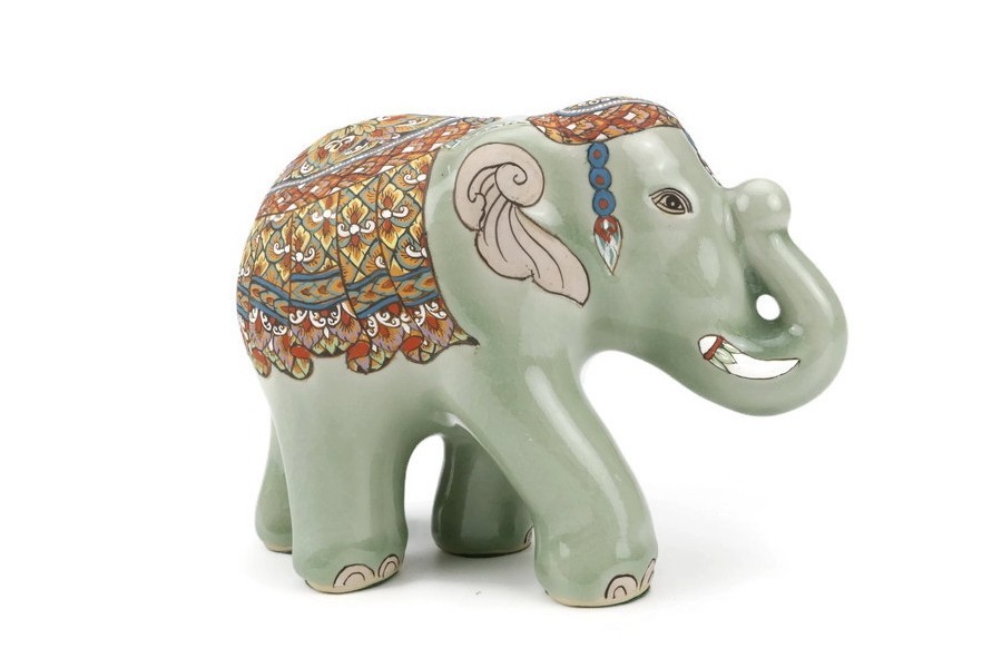 ช้างชูงวงศิลาดล เพ้นต์ลายล้านนาไทยศิลาดล CELADON LANNA THAI HANDPAINTED ELEPHANT