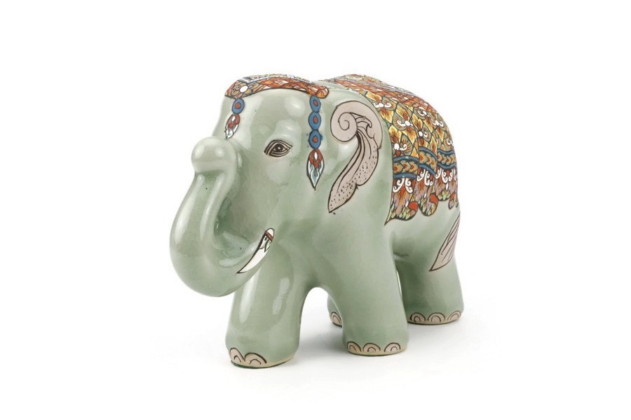 ช้างชูงวงศิลาดล เพ้นต์ลายล้านนาไทยศิลาดล CELADON LANNA THAI HANDPAINTED ELEPHANT
