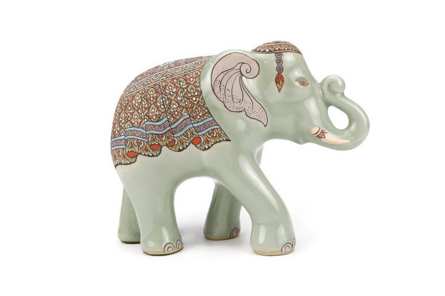 ช้างชูงวงศิลาดล เพ้นต์ลายล้านนาไทยศิลาดล CELADON LANNA THAI HANDPAINTED ELEPHANT
