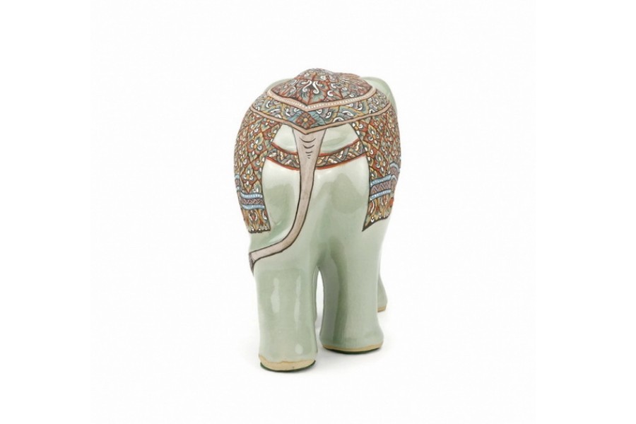 ช้างชูงวงศิลาดล เพ้นต์ลายล้านนาไทยศิลาดล CELADON LANNA THAI HANDPAINTED ELEPHANT