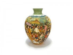 Celadon vase, Scene of Thai village แจกันศิลาดลเพ้นต์ลายวิถึชีวิต