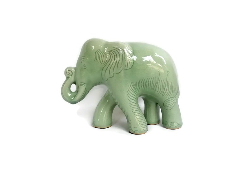 Celadon Elephant Figurine Trunk up